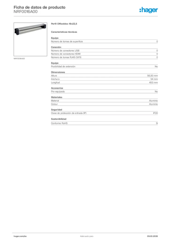Imagen Hager Ficha de datos de producto NRF0016A00 | Hager España