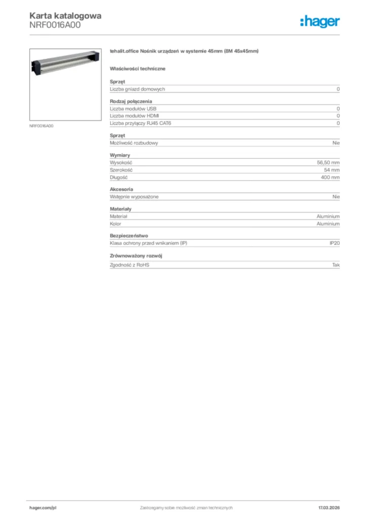Zdjęcie Hager Karta katalogowa NRF0016A00 | Hager Polska