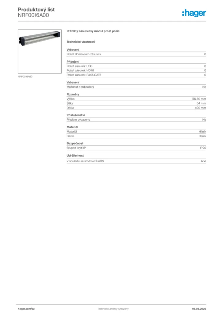 Obrázek Hager Product data sheet NRF0016A00 | Hager