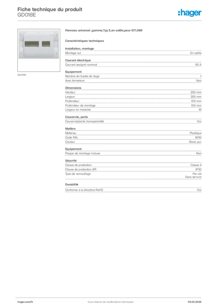 Image Hager Fiche technique du produit GD018E | Hager France