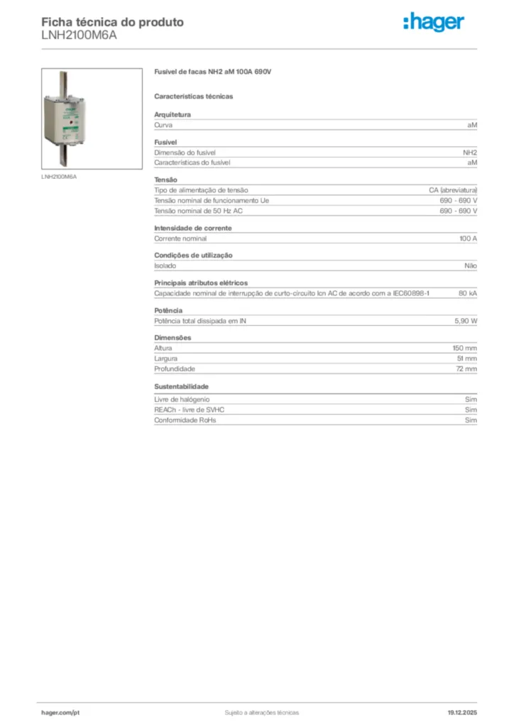 Imagem Hager Ficha técnica do produto LNH2100M6A | Hager Portugal