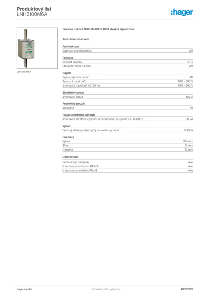 Obrázek Hager Produktový list LNH2100M6A | Hager