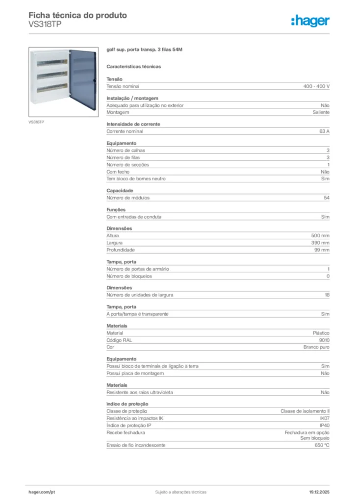 Imagem Hager Ficha técnica do produto VS318TP | Hager Portugal