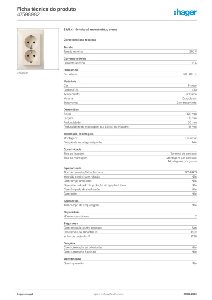 Imagem Hager Ficha técnica do produto 47598982 | Hager Portugal