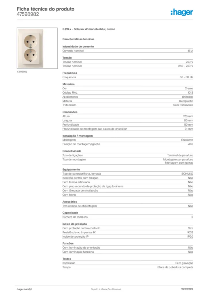 Imagem Hager Ficha técnica do produto 47598982 | Hager Portugal