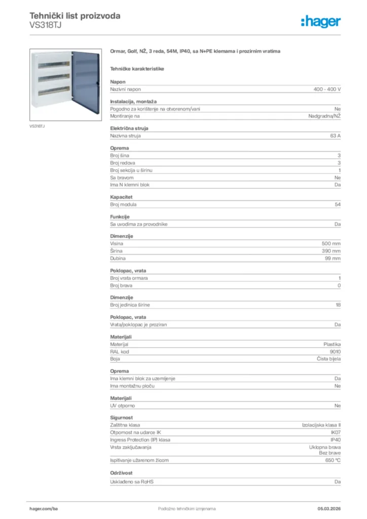 Slika Hager Tehnički list proizvoda VS318TJ  | Hager