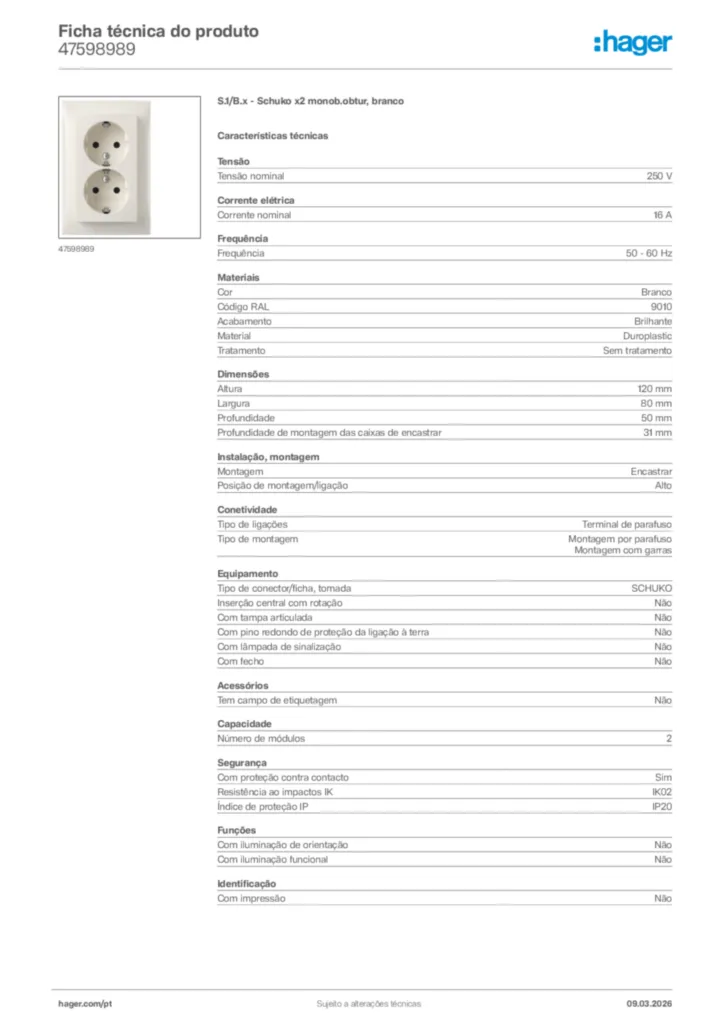 Imagem Hager Ficha técnica do produto 47598989 | Hager Portugal