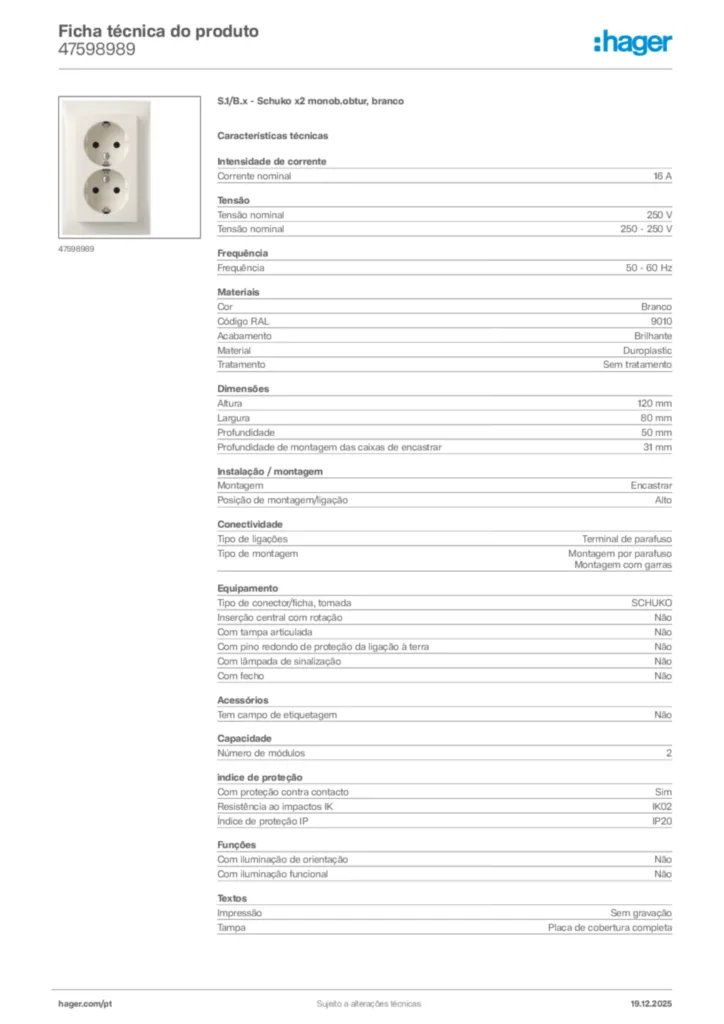 Imagem Hager Ficha técnica do produto 47598989 | Hager Portugal