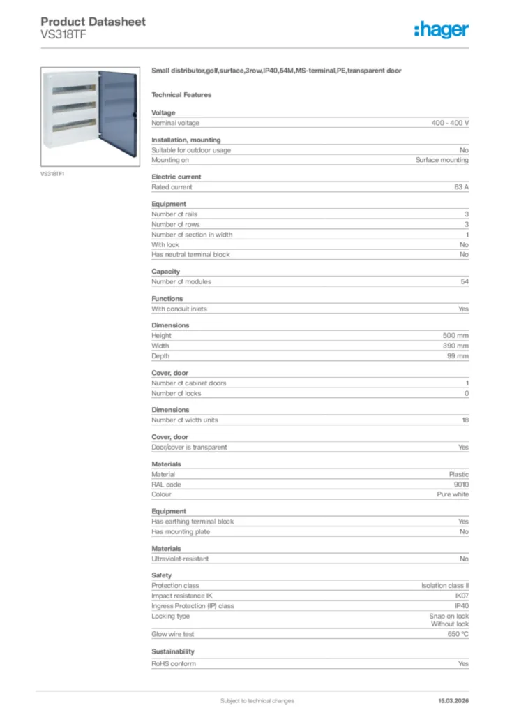 Image Hager Product data sheet VS318TF  | Hager Africa