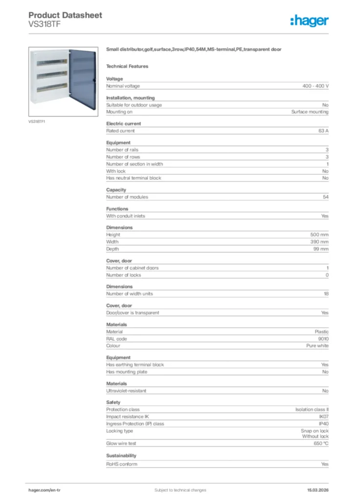 Image Hager Product data sheet VS318TF  | Hager