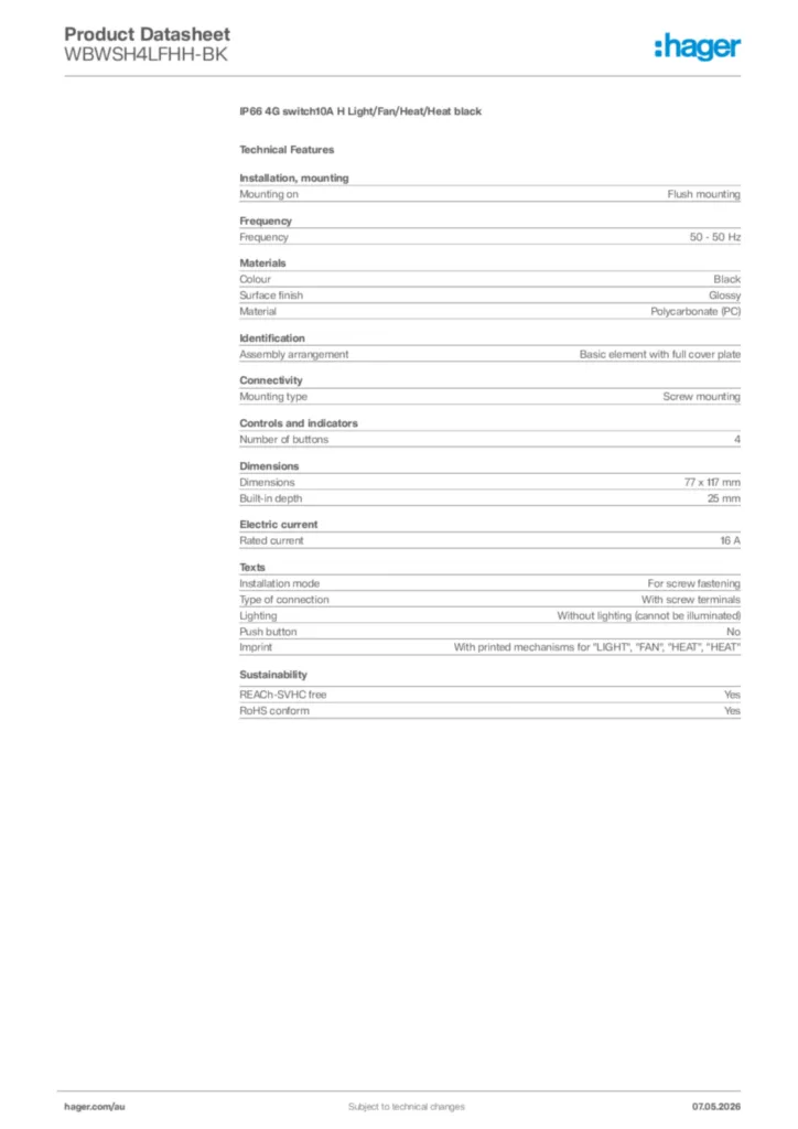 Image Hager Product data sheet WBWSH4LFHH-BK  | Hager Australia