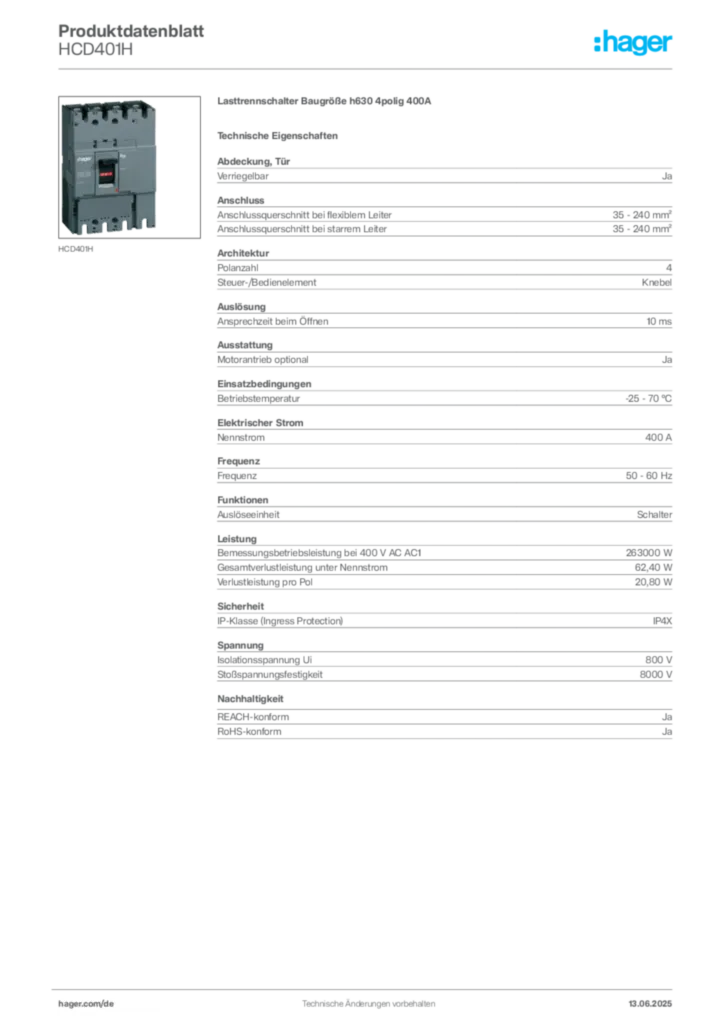 Bild Hager Produktdatenblatt HCD401H | Hager Deutschland