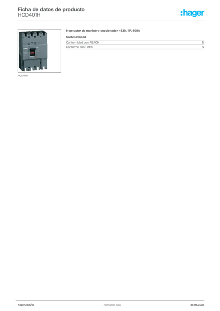 Imagen Hager Ficha de datos de producto HCD401H | Hager España