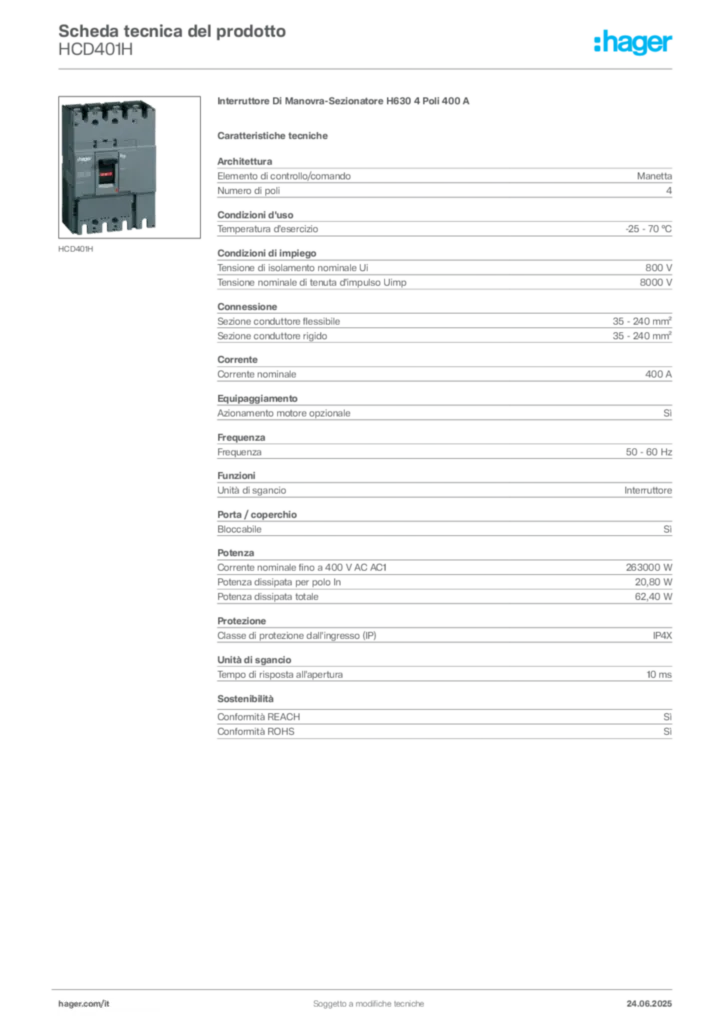 Immagine Hager Scheda tecnica del prodotto HCD401H | Hager Italia