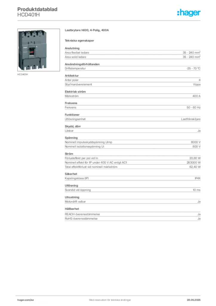 Bild Hager Produktdatablad HCD401H | Hager Sverige