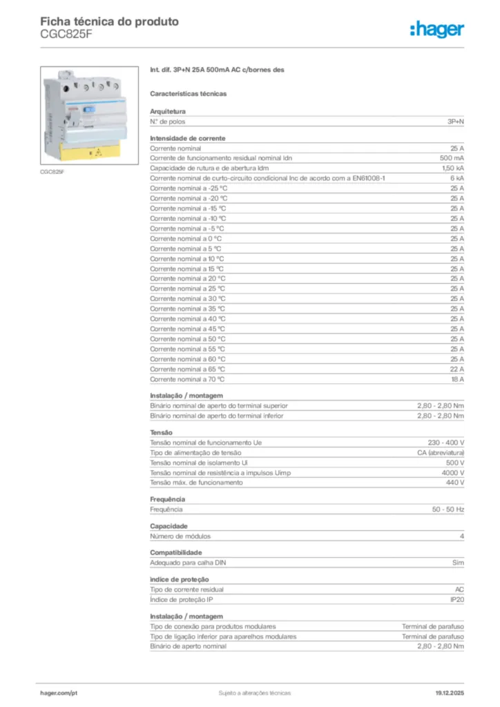 Imagem Hager Ficha técnica do produto CGC825F | Hager Portugal