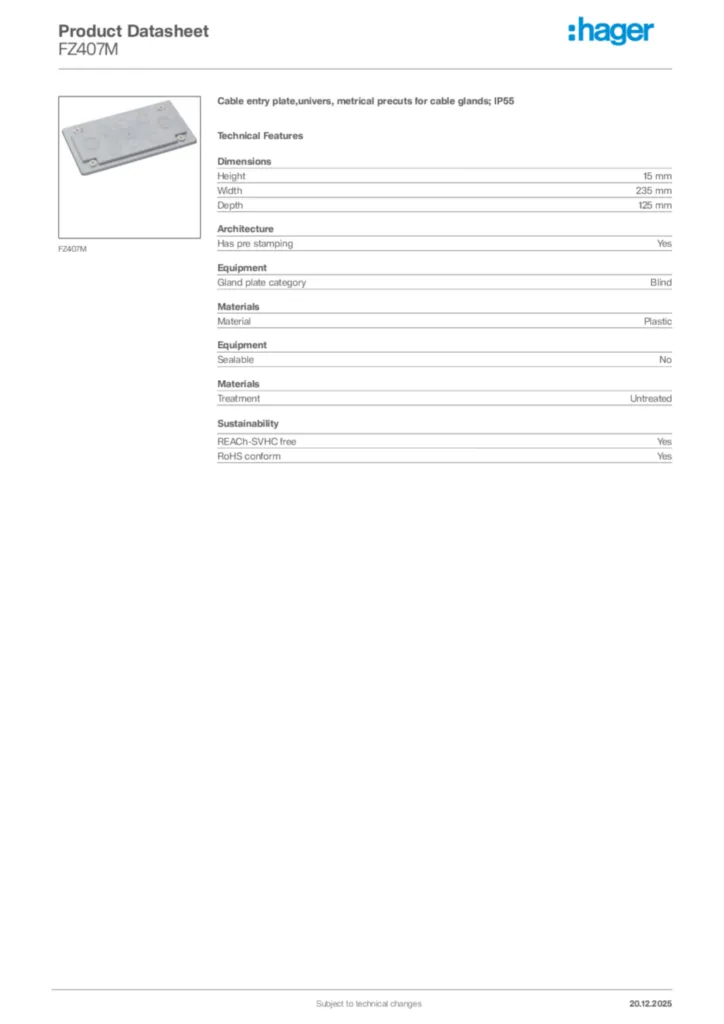 Image Hager Product data sheet FZ407M  | Hager Africa