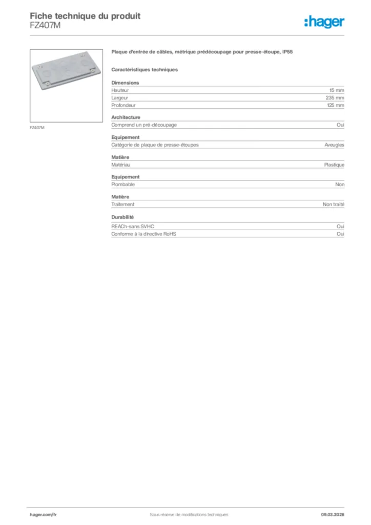 Image Hager Fiche technique du produit FZ407M | Hager France