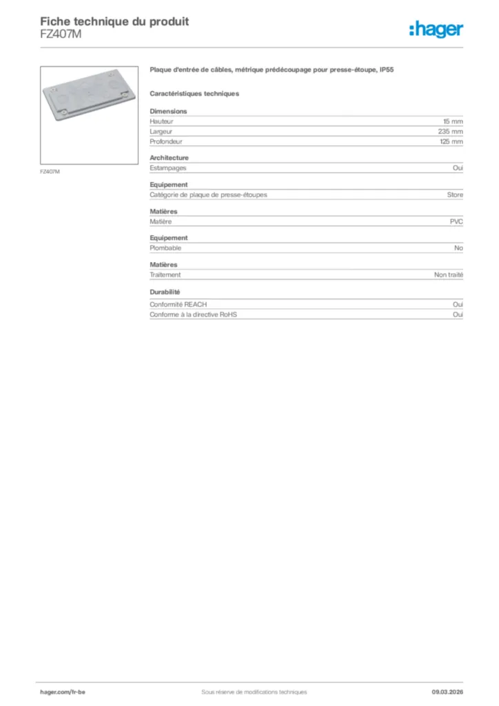 Image Hager Fiche technique du produit FZ407M | Hager Belgique