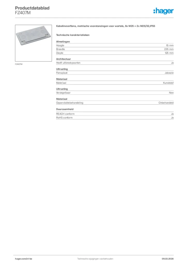 Afbeelding Hager Productdatablad FZ407M | Hager Belgium