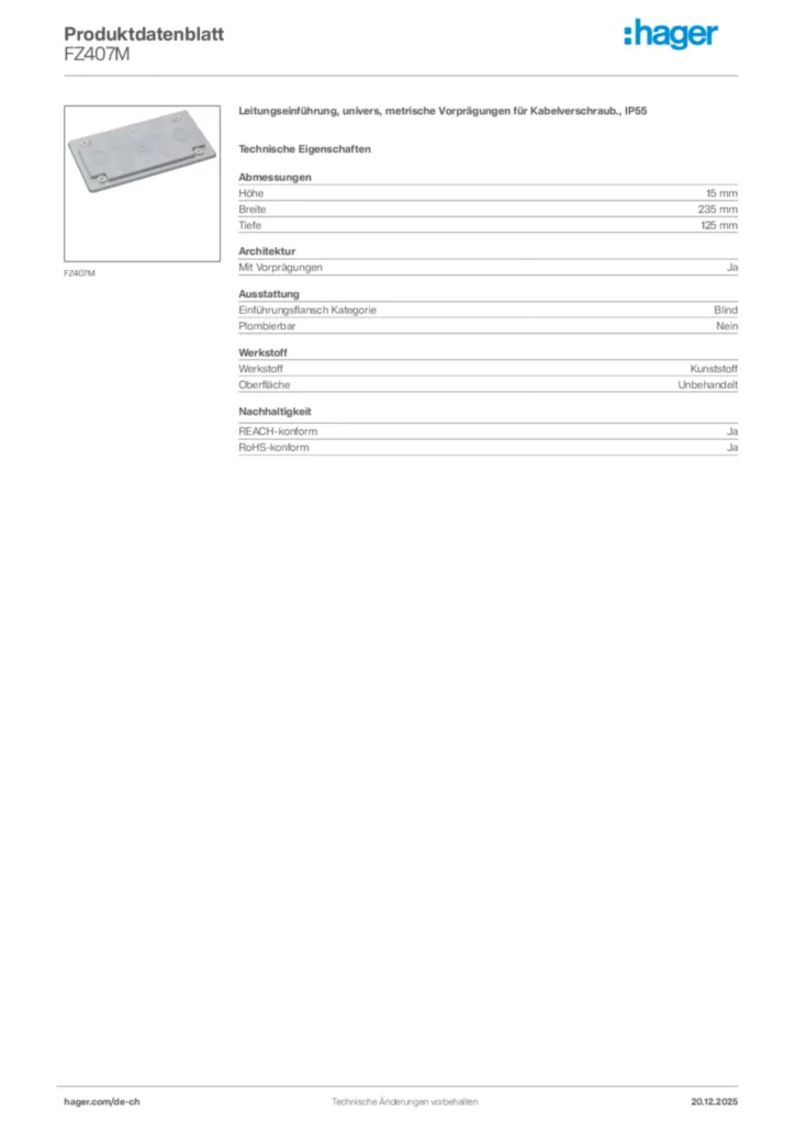 Bild Hager Produktdatenblatt FZ407M | Hager Schweiz