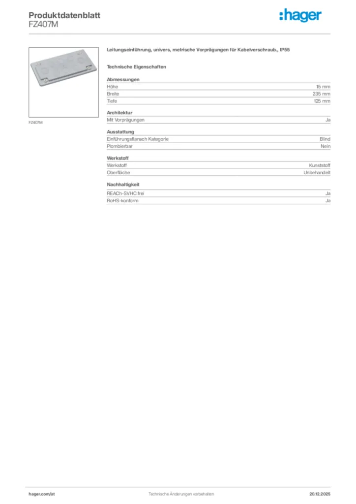Bild Hager Produktdatenblatt FZ407M | Hager Deutschland