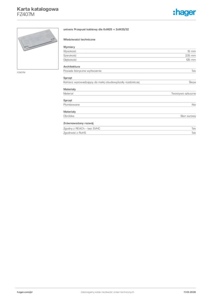 Zdjęcie Hager Karta katalogowa FZ407M | Hager Polska