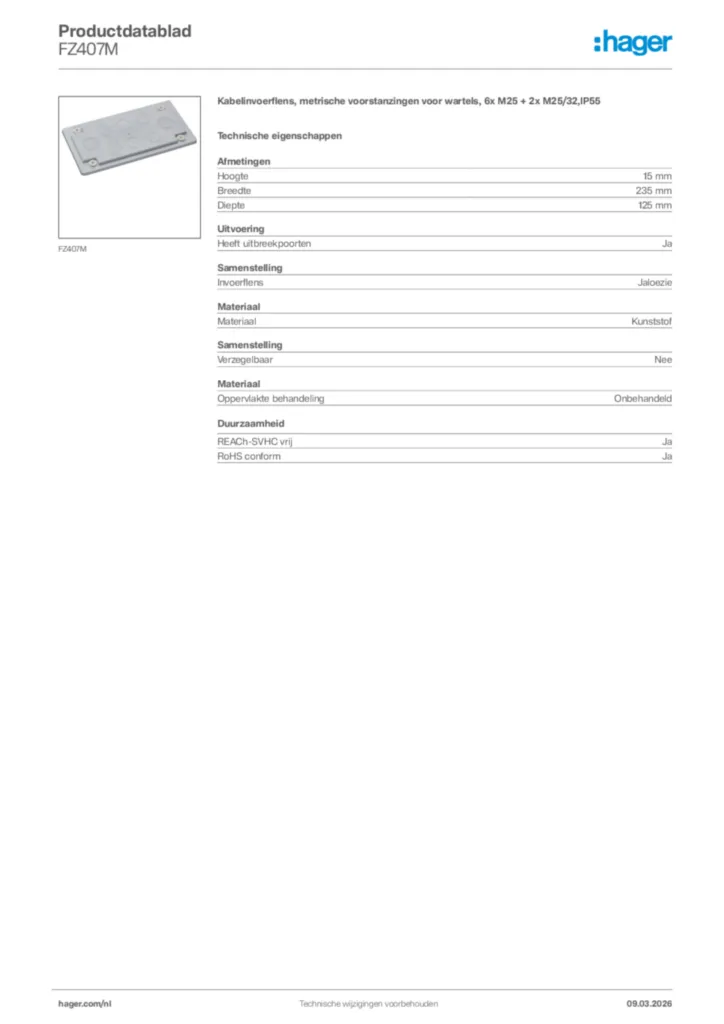 Afbeelding Hager Productdatablad FZ407M | Hager Nederland