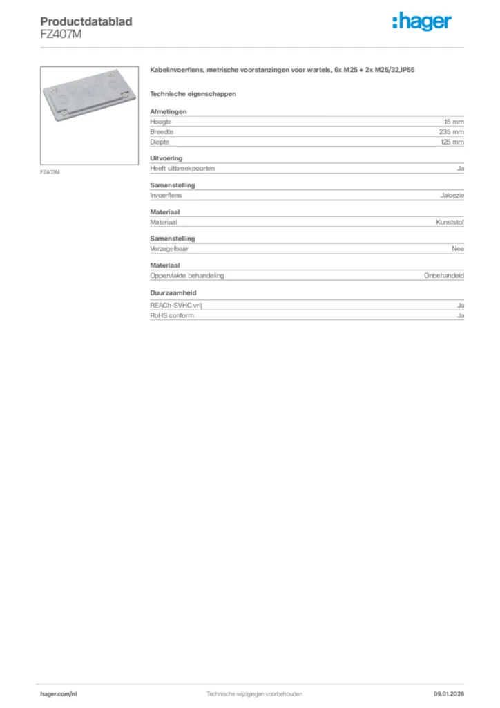 Afbeelding Hager Productdatablad FZ407M | Hager Nederland