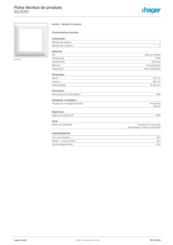 Imagem Hager Ficha técnica do produto WL5010 | Hager Portugal