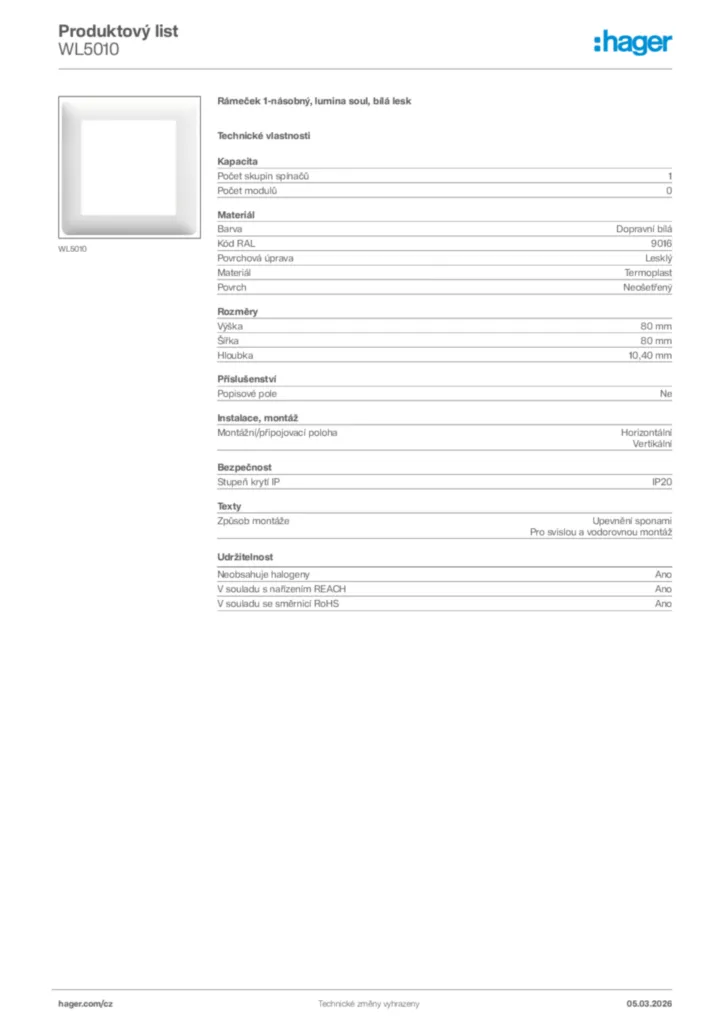Obrázek Hager Product data sheet WL5010 | Hager