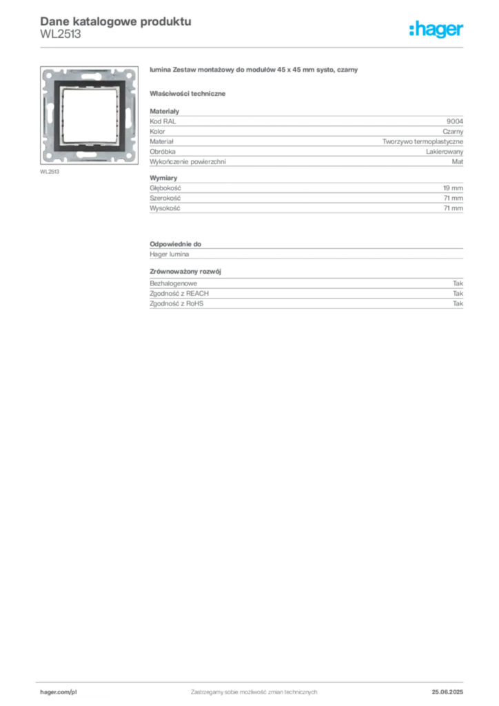 Zdjęcie Hager Karta katalogowa WL2513 | Hager Polska