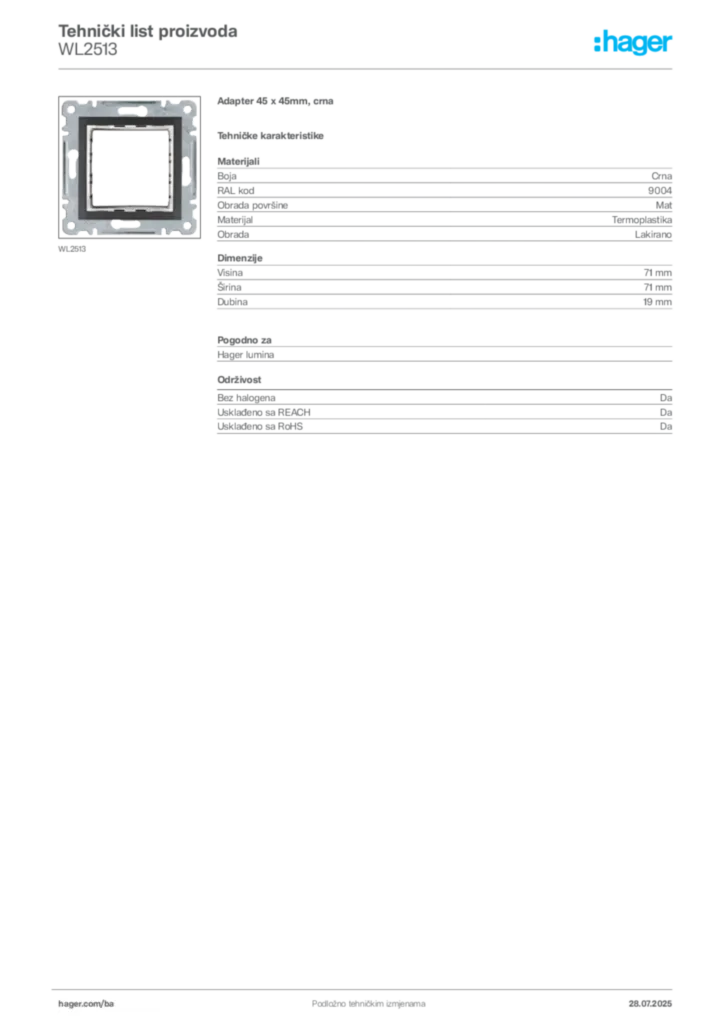 Slika Hager Product data sheet WL2513  | Hager