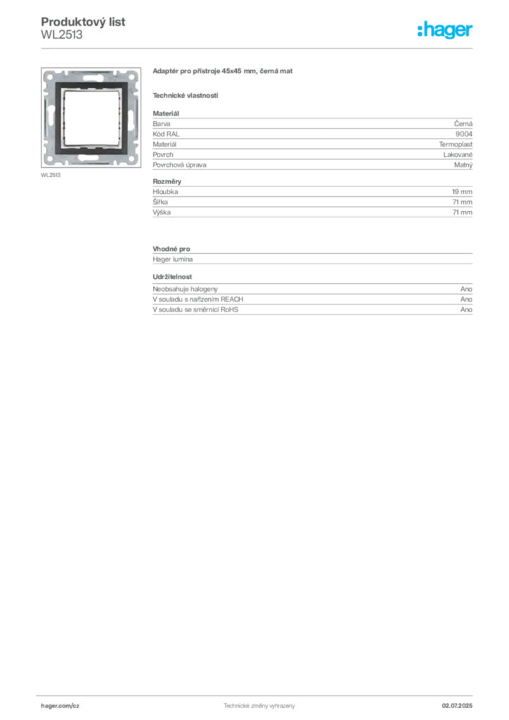 Obrázek Hager Produktový list WL2513 | Hager