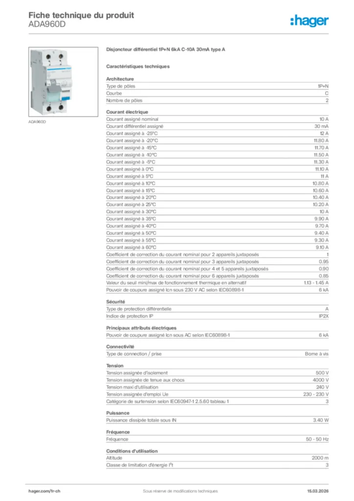 Image Hager Fiche technique du produit ADA960D | Hager Suisse