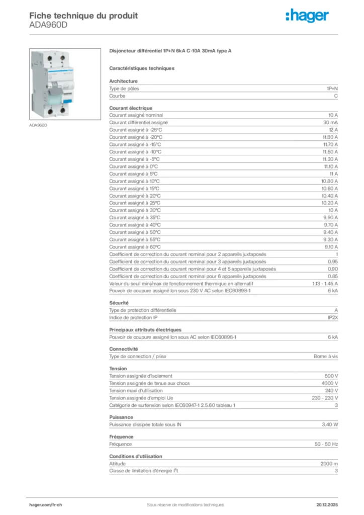 Image Hager Fiche technique du produit ADA960D | Hager Suisse