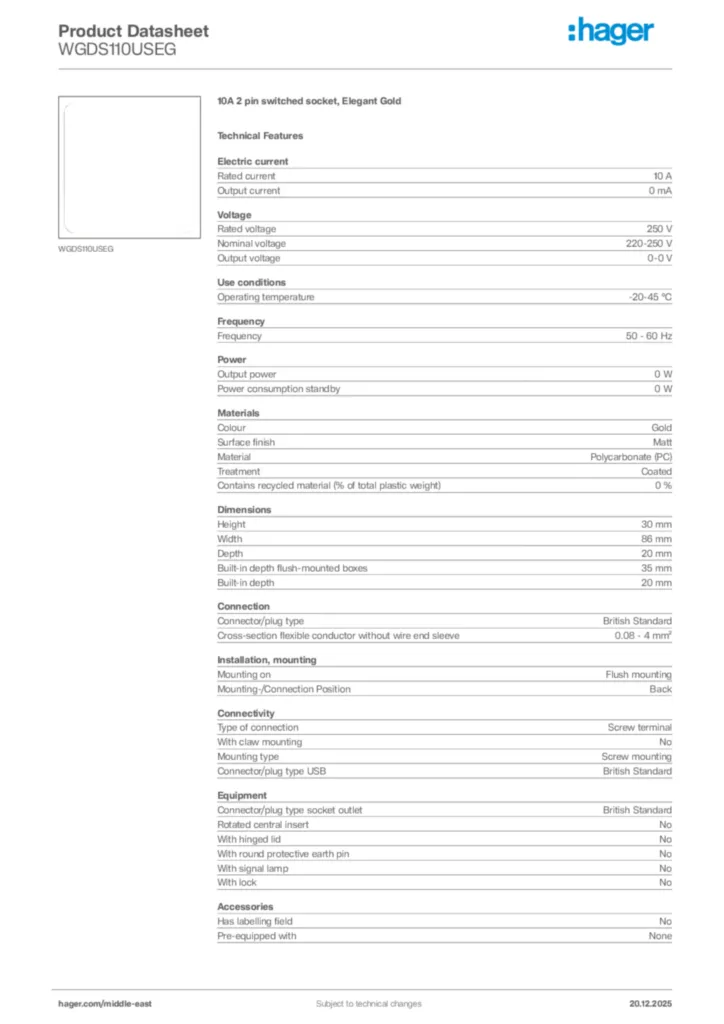 Image Hager Product data sheet WGDS110USEG  | Hager
