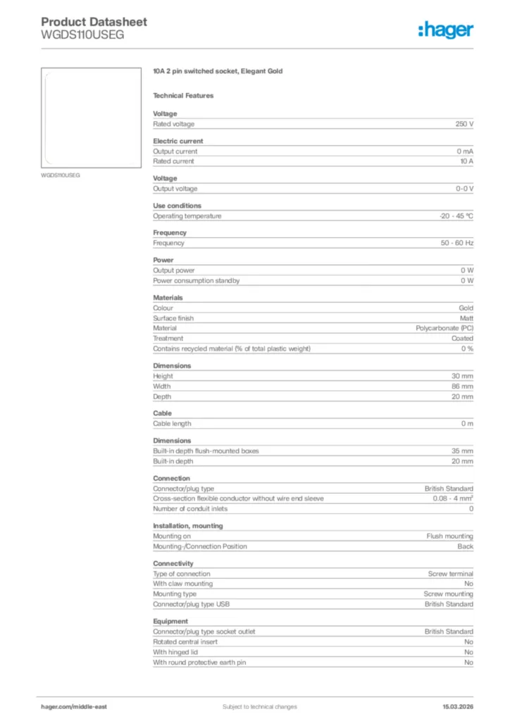 Image Hager Product data sheet WGDS110USEG  | Hager