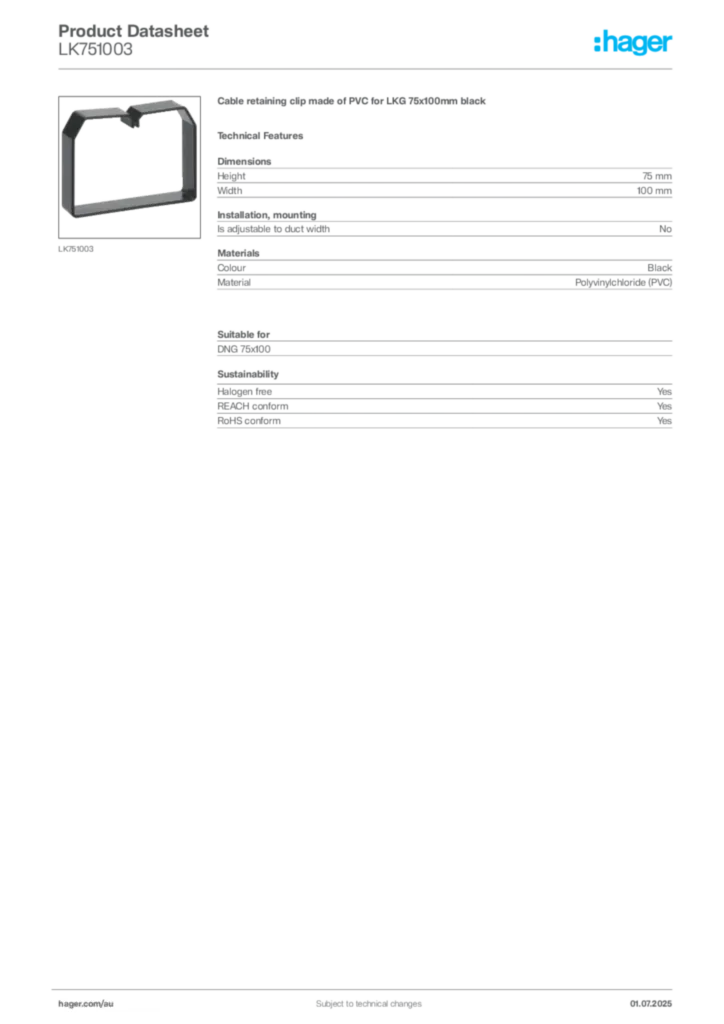 Image Hager Product data sheet LK751003  | Hager Australia