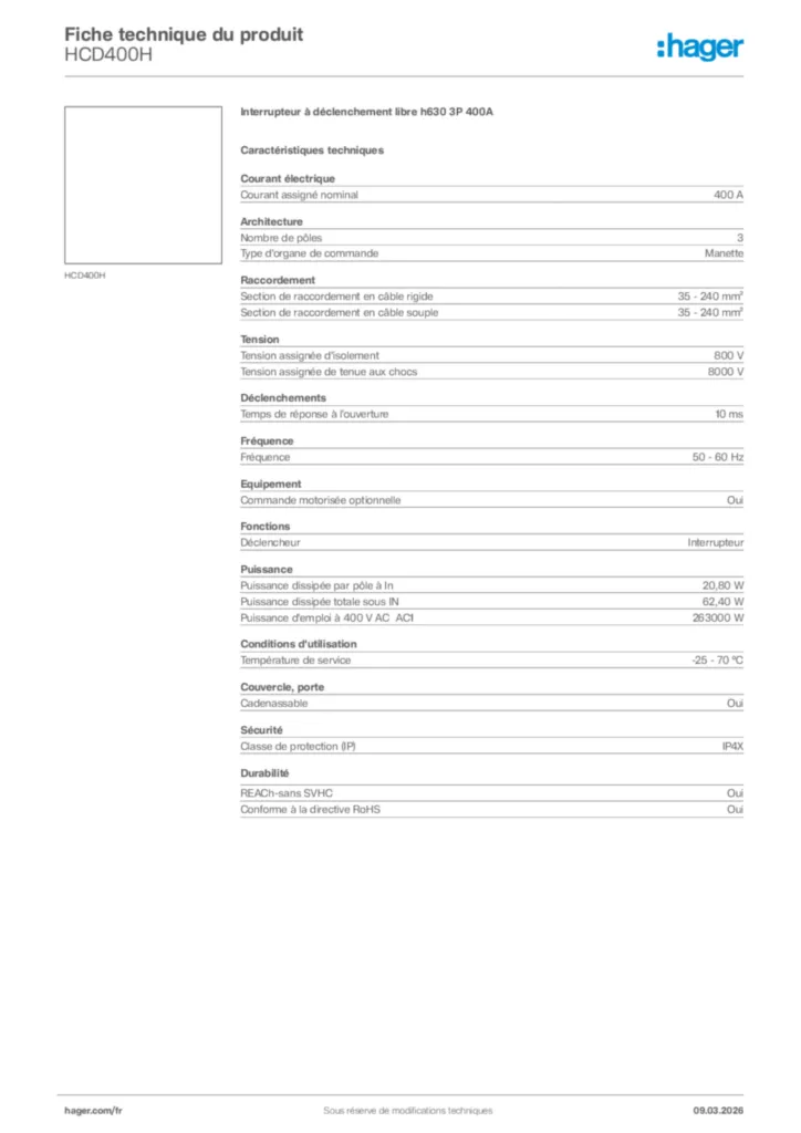 Image Hager Fiche technique du produit HCD400H | Hager France