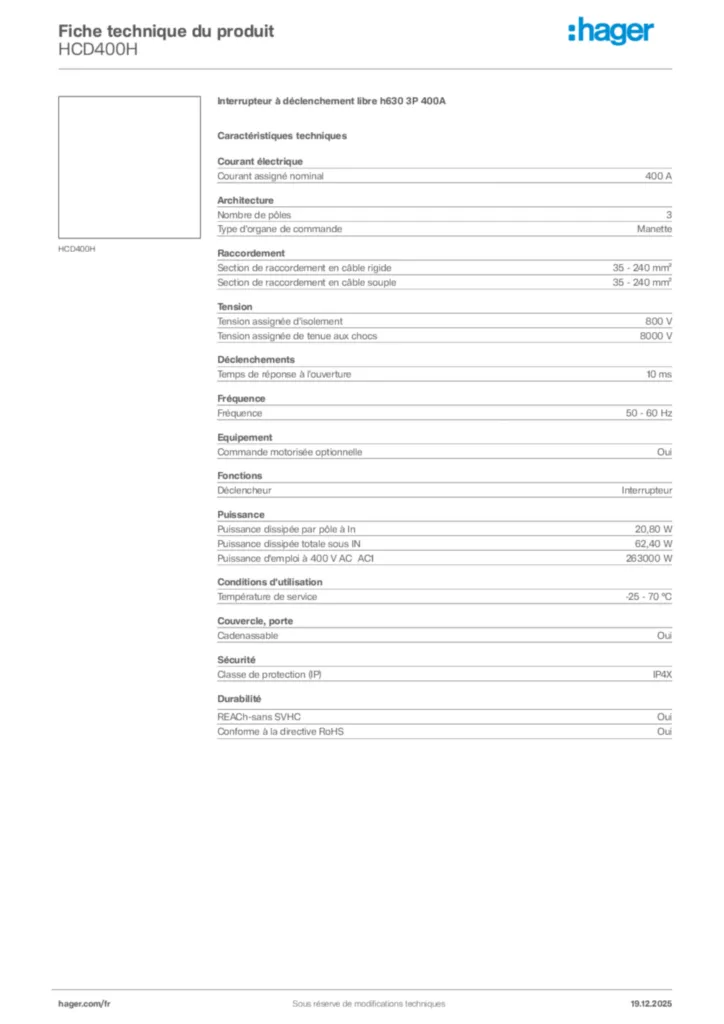 Image Hager Fiche technique du produit HCD400H | Hager France