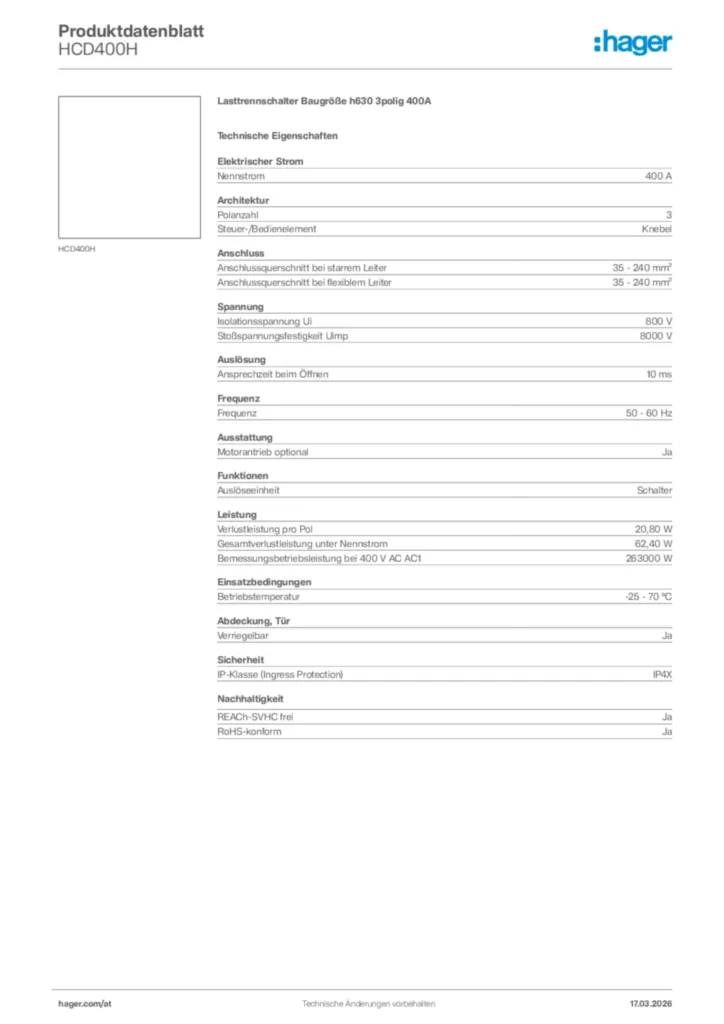 Bild Hager Produktdatenblatt HCD400H | Hager Deutschland