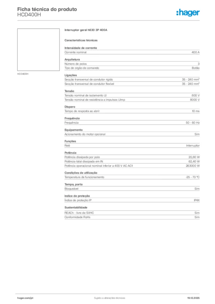 Imagem Hager Ficha técnica do produto HCD400H | Hager Portugal