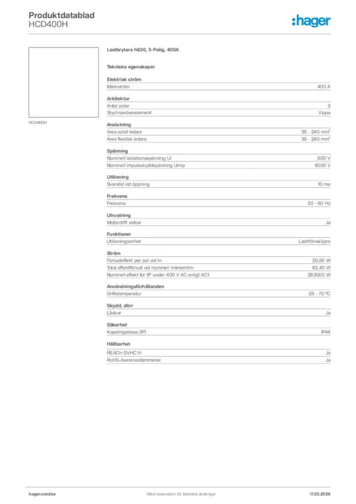 Bild Hager Produktdatablad HCD400H | Hager Sverige