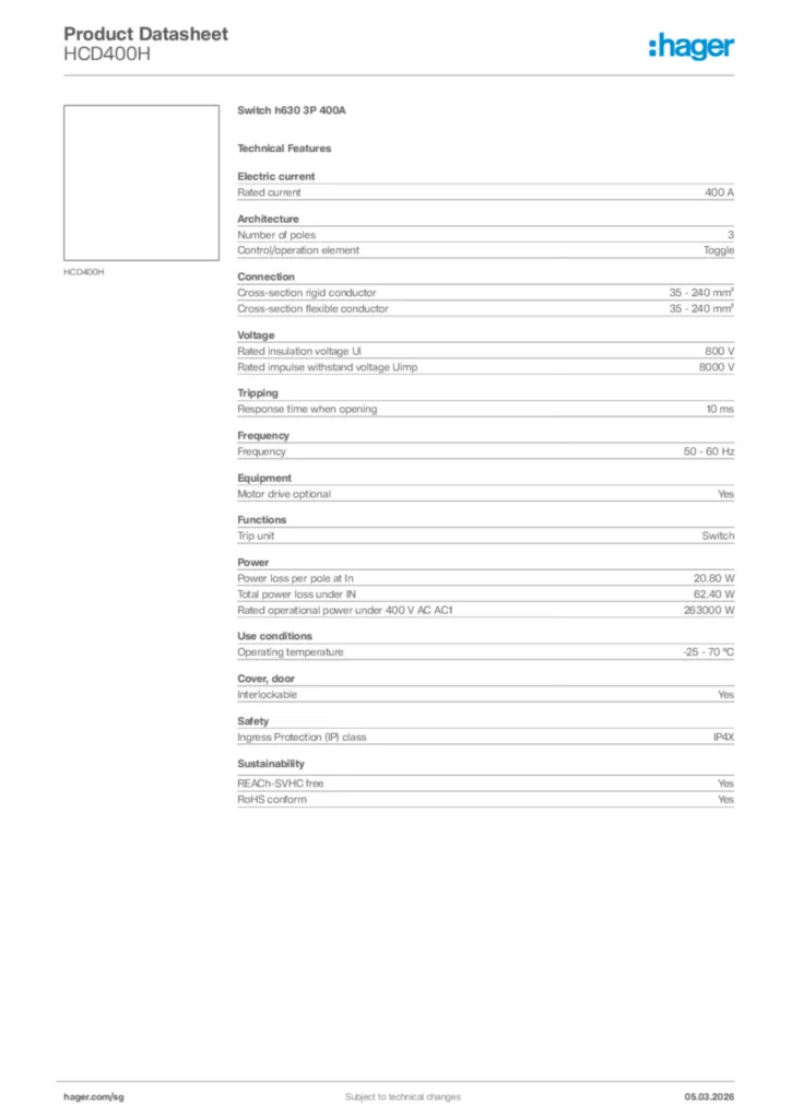 Image Hager Product data sheet HCD400H  | Hager