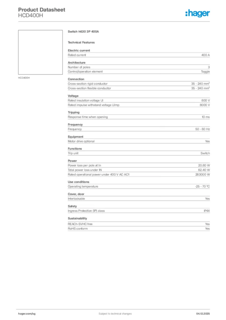 Image Hager Product data sheet HCD400H  | Hager