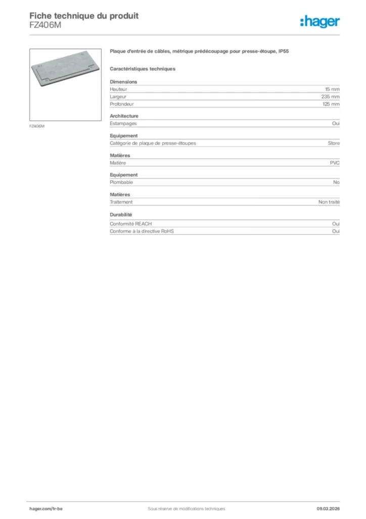 Image Hager Fiche technique du produit FZ406M | Hager Belgique
