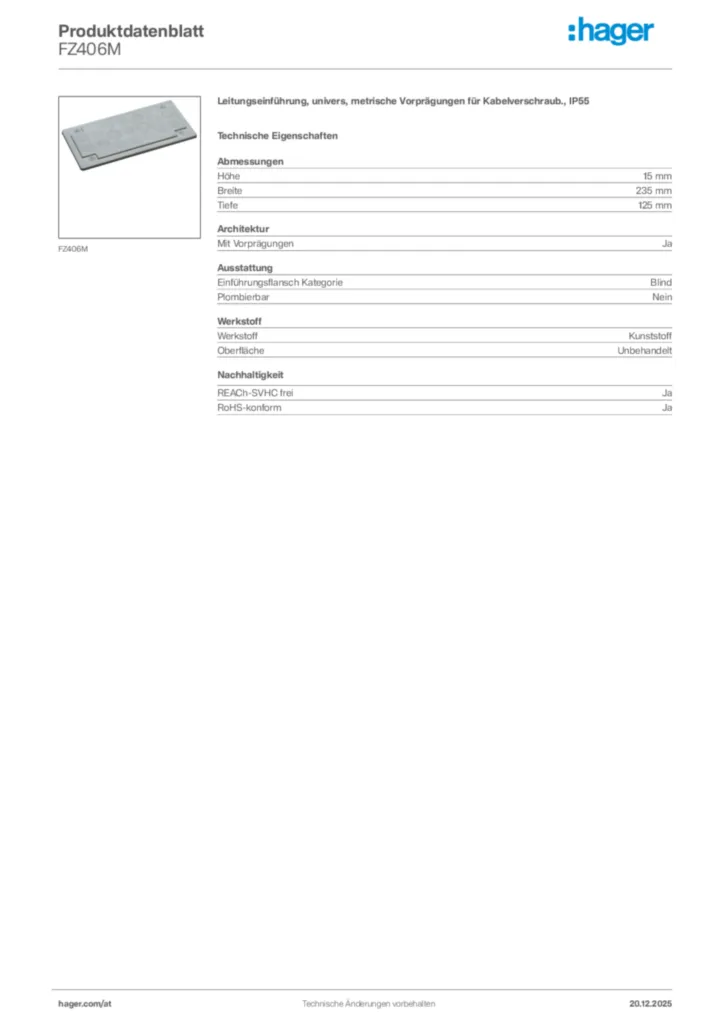 Bild Hager Produktdatenblatt FZ406M | Hager Deutschland