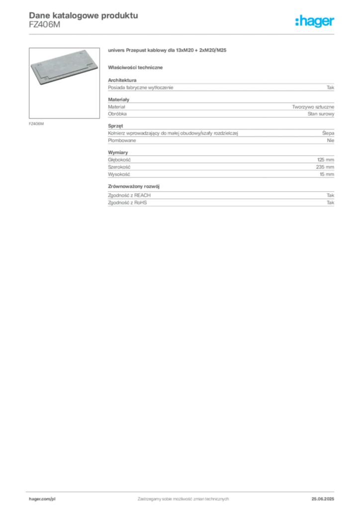 Zdjęcie Hager Karta katalogowa FZ406M | Hager Polska