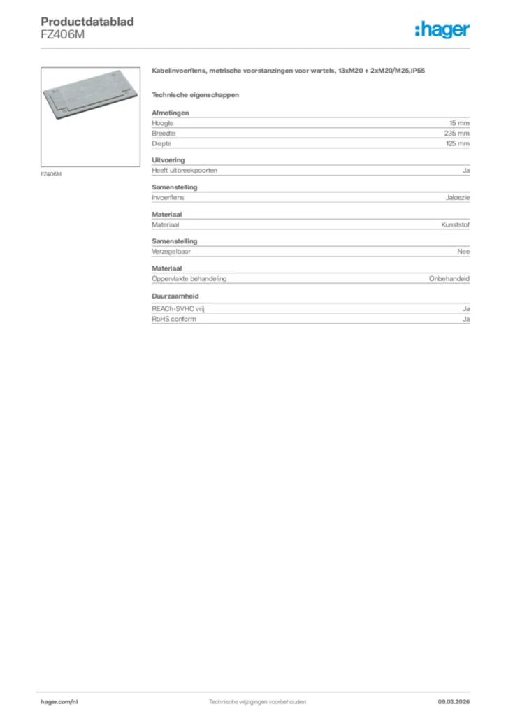 Afbeelding Hager Productdatablad FZ406M | Hager Nederland